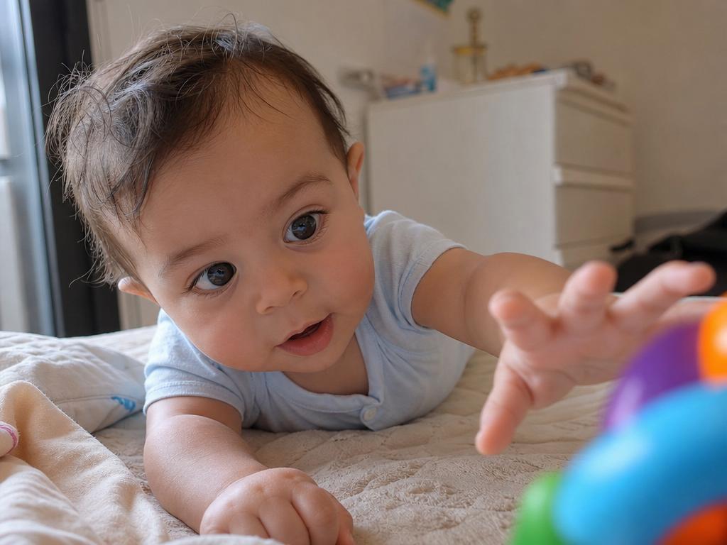תינוק סקרן מושיט יד לעבר צעצוע